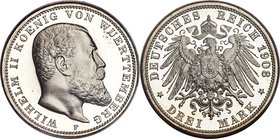 Württemberg. Wilhelm II Proof 3 Mark 1908-F PR68 Deep Cameo PCGS, Stuttgart mint, KM635, J-175. An incredible grade and likely as close to perfect as ...