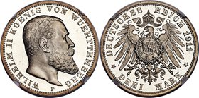 Württemberg. Wilhelm II Proof 3 Mark 1911-F PR66 Ultra Cameo NGC, Stuttgart mint, KM635, J-175. Exhibiting a phenomenal strike with frosty devices and...