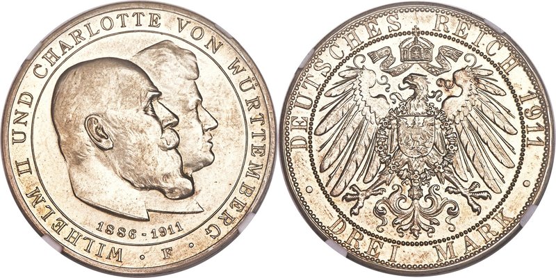 Württemberg. Wilhelm II silver Proof Pattern "Wedding Anniversary" 3 Mark 1911-F...