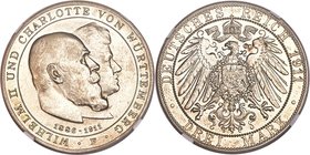 Württemberg. Wilhelm II silver Proof Pattern "Wedding Anniversary" 3 Mark 1911-F PR63 NGC, Stuttgart mint, Schaaf-177B/G2. A decidedly scarce Pattern ...