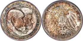 Württemberg. Wilhelm II "Wedding Anniversary" 3 Mark 1911-F MS67 PCGS, Stuttgart mint, KM636, J-177a. Colorfully toned over lustrous, nearly perfect s...