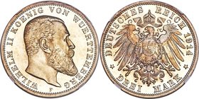 Württemberg. Wilhelm II Proof 3 Mark 1914-F PR65 Cameo NGC, Stuttgart mint, KM635, J-175. Struck to perfection, with a cameo contrast on the stronger ...