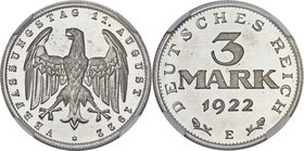 Weimar Republic Proof 3 Mark 1922-E PR66 Cameo NGC, Muldenhutten mint, KM29, J-303. Mintage: 22,000. Legend around eagle. "VERFASSUNGSTAG 11. AUGUST 1...