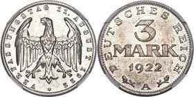Weimar Republic 3 Mark 1922-A MS65 NGC, Berlin mint, KM29, J-303. A shimmering and bold specimen. 

HID09801242017