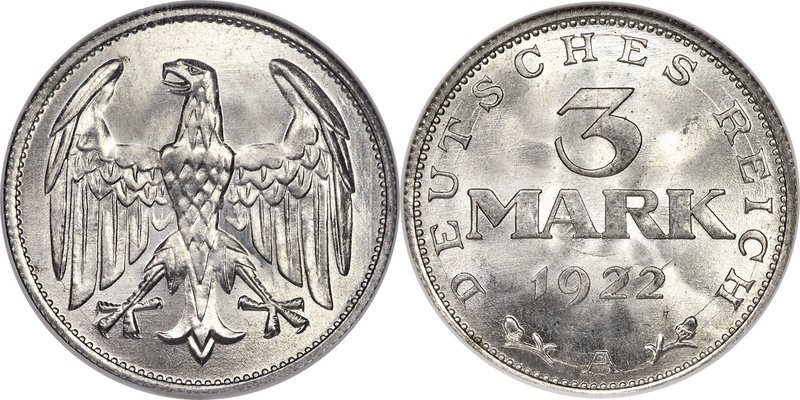 Weimar Republic Pair of Certified 3 Marks 1922-A NGC, 1) 3 Mark - MS67, KM28 2) ...