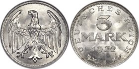 Weimar Republic Pair of Certified 3 Marks 1922-A NGC, 1) 3 Mark - MS67, KM28 2) 3 Mark - MS66, KM29 Berlin mint. A pair of high-quality issues dated f...