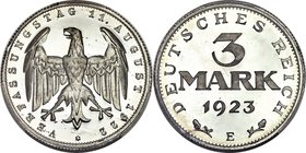 Weimar Republic Proof 3 Mark 1923-E PR68 Deep Cameo PCGS, Muldenhutten mint, KM29, J-303. From a mintage of 2,291 pieces in Proof, and likely one of t...