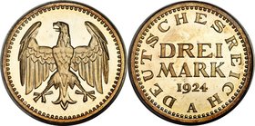 Weimar Republic Proof 3 Mark 1924-A PR67 PCGS, Berlin mint, KM43, J-312. A captivating Proof, wonderfully bright with a golden tinge to the otherwise ...