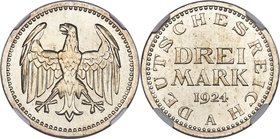 Weimar Republic Proof 3 Mark 1924-A PR66+ NGC, Berlin mint, KM43, J-312. Unmistakably Proof from its sharply defined features and bold, imposing rims ...