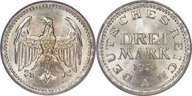 Weimar Republic 3 Mark 1924-A MS66 PCGS, Berlin mint, KM43, J-312. A handsome selection displaying full mint brilliance and a tinge of golden tone ove...