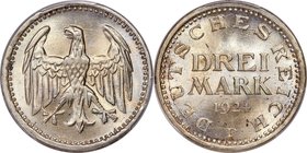 Weimar Republic 3 Mark 1924-F MS66 PCGS, Stuttgart mint, KM43, J-312. Struck from fairly worn and cracked dies giving an interesting texture to the lu...