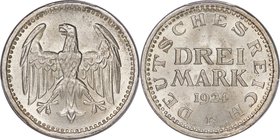 Weimar Republic 3 Mark 1924-F MS66 PCGS, Stuttgart mint, KM43, J-312. Bright and satiny, and completely devoid of any significant distractions. 

HID0...