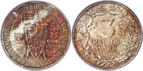 Weimar Republic "Rhineland" 3 Mark 1925-A MS66 PCGS, Berlin mint, KM46, J-321. Unmatched at the certified level, with exceptional coloring over both s...