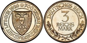 Weimar Republic Proof "Lübeck" 3 Mark 1926-A PR67 PCGS, Berlin mint, KM48, J-323. The highest graded example of the 1926 3 Mark in Proof. Gorgeously m...