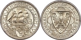 Weimar Republic "Bremerhaven" 3 Mark 1927-A MS66+ PCGS, Berlin mint, KM50, J-325. Virtually blast-white, with full-bodied luster that effortlessly cas...