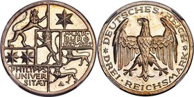 Weimar Republic Proof "Marburg University" 3 Mark 1927-A PR66 NGC, Berlin mint, KM53, J-330. A sparkling jewel whose multi-faceted devices beam bright...
