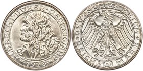 Weimar Republic "Dürer" 3 Mark 1928-D MS65 NGC, Munich mint, KM58, J-332. Struck upon the 400th anniversary of the death of Albrecht Dürer. A true whi...