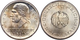 Weimar Republic "Lessing" 3 Mark 1929-A MS66 PCGS, Berlin mint, KM60, J-335. A practically flawless specimen aglow with scintillating cartwheel luster...