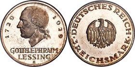 Weimar Republic Proof "Lessing" 3 Mark 1929-E PR64 Cameo NGC, Muldenhutten mint, KM60, J-335. Displaying quite a strong cameo appearance for the assig...