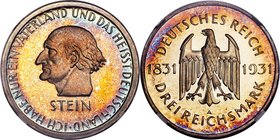 Weimar Republic Proof "Stein" 3 Mark 1931-A PR66 Cameo NGC, Berlin mint, KM73, J-348. Perfectly and nearly symmetrically toned, ringed in cerulean at ...