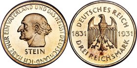 Weimar Republic Proof "Stein" 3 Mark 1931-A PR65 Ultra Cameo NGC, Berlin mint, KM73, J-348. The open fields of this gem Proof reveal its clear reflect...