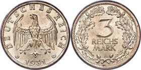 Weimar Republic 3 Mark 1931-A MS65 PCGS, Berlin mint, KM74, J-349. Fully bold, with desirable satin luster over both sides and designs motifs that hav...