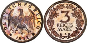 Weimar Republic Proof 3 Mark 1932-A PR66 PCGS, Berlin mint, KM74, J-349. Tied for the finest graded of the type at PCGS, this specimen matches its tec...