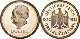 Weimar Republic Proof "Goethe" 3 Mark 1932-A PR66 Cameo PCGS, Berlin mint, KM76, J-350. Subtly toned rims create an almost bull's-eye effect, zeroing ...