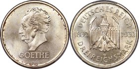 Weimar Republic "Goethe" 3 Mark 1932-D MS66 PCGS, Munich mint, KM76, J-350. Displaying strong brilliance under a light patina with speckled umber conc...
