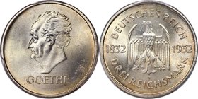 Weimar Republic "Goethe" 3 Mark 1932-F MS66 PCGS, Stuttgart mint, KM76, J-350. Well-rendered, with pale golden accents dressed over the sharp devices....