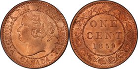 Victoria "Narrow 9" Cent 1859 MS65 Red and Brown PCGS, London mint, KM1. Narrow 9 variety. An elusive early issue, among the finest certified at PCGS,...