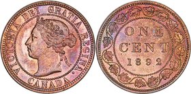 Victoria Cent 1892 MS65 Red and Brown PCGS, London mint, KM7. An amazingly toned specimen with flares of magenta breaking the surface of the red-brown...