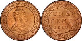 Edward VII Cent 1910 MS65 Red PCGS, Ottawa mint, KM8. Hardly seen at the gem level grade, this laudable offering exhibits sleek cherry-wood color to t...