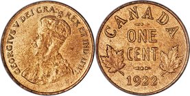 George V Cent 1922 MS64 Red and Brown PCGS, Ottawa mint, KM28. A better, earlier date from this George V series, with subtle coppery tones, and sharpl...
