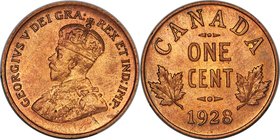 George V Specimen Cent 1928 SP65 Red and Brown PCGS, Ottawa mint, KM28. Vibrant reddish-brown tone over both sides, with just a touch of gold at the c...