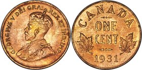 George V Cent 1931 MS65 Red and Brown PCGS, Royal Canadian mint, KM28. Gorgeous chestnut-red color, with vibrant mint bloom that beams from the recess...