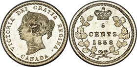 Victoria "Large Date" 5 Cents 1858 MS65 Prooflike PCGS, London mint, KM2. Large date, RP3 variety. Simply astounding for the type, not merely due to t...