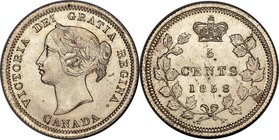Victoria "Small Date" 5 Cents 1858 MS65 PCGS, London, KM2. Small Date variety. Blazingly lustrous with an icy complexion to the surfaces that is simpl...