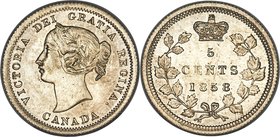 Victoria "Large Date" 5 Cents 1858 MS64 PCGS, London mint, KM2. Large date variety. A shimmering example bordered by broad obverse rims which create a...
