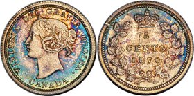 Victoria "Wide Border" 5 Cents 1870 MS64 PCGS, London mint, KM2. Wide Border/Rim variety. Stunning color abounds on this sharp minor, along with boldl...