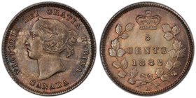 Victoria 5 Cents 1882-H MS65 PCGS, Heaton mint, KM2. A scarce issue marking the first year of a modified reverse design with 22 leaves. The extra leaf...