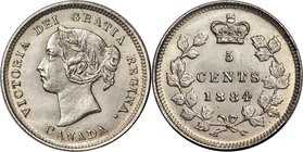 Victoria "Near Pointed 4" 5 Cents 1884 UNC Details (Cleaned) PCGS, London mint, KM2. Near Pointed 4 variety. Only 200,000 5 Cents were produced in 188...