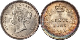 Victoria 5 Cents 1885/5 MS64+ PCGS, London mint, KM2. Large 5 over small 5 variety. The single highest graded example of this rarity, exceedingly clos...