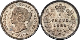 Victoria "Large 5" 5 Cents 1885 MS64 PCGS, London mint, KM2. Large 5 variety. Somewhat prooflike, with glossy fields surrounding the sharp portrait of...
