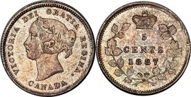 Victoria 5 Cents 1887 MS65 PCGS, London mint, KM2. An absolutely beautiful piece, approaching prooflike via its gently reflective fields and contrasti...