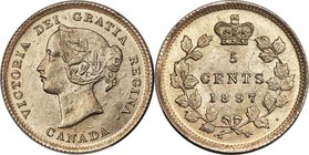Victoria 5 Cents 1897 MS65 PCGS, London mint, KM2. Narrow (the supposed "Narrow/Wide") 8 variety. A lofty and covetable status for any of the Canadian...
