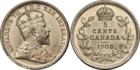 Edward VII "Large 8" 5 Cents 1908 MS66 PCGS, Ottawa mint, KM13. Large 8 variety. Second from the highest grade level for this rarer variety, its surfa...