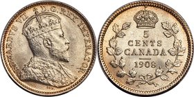 Edward VII "Large 8" 5 Cents 1908 MS65 PCGS, Ottawa mint, KM13. Large 8 variety. Highly lustrous and icy white, a true gem with an essentially flawles...