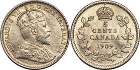 Edward VII "Round Leaves - Bow Tie" 5 Cents 1909 MS64 PCGS, Ottawa mint, KM13. Maple/Round Leaves, Bow Tie variety. A difficult to find type in such a...