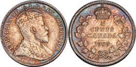 Edward VII "Pointed Leaves" 5 Cents 1909 MS63 PCGS, Ottawa mint, KM13. Holly/Pointed Leaves variety. Rarer than the Round leaves variety of the same y...